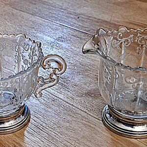 Depression Glass Chantilly Sugar & Creamer with Sterling Base by Cambridge